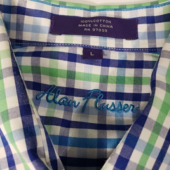 Alan Flusser Mens Large 100% Cotton Blue Green Long Sleeve Button Down Shirt - Picture 4 of 4